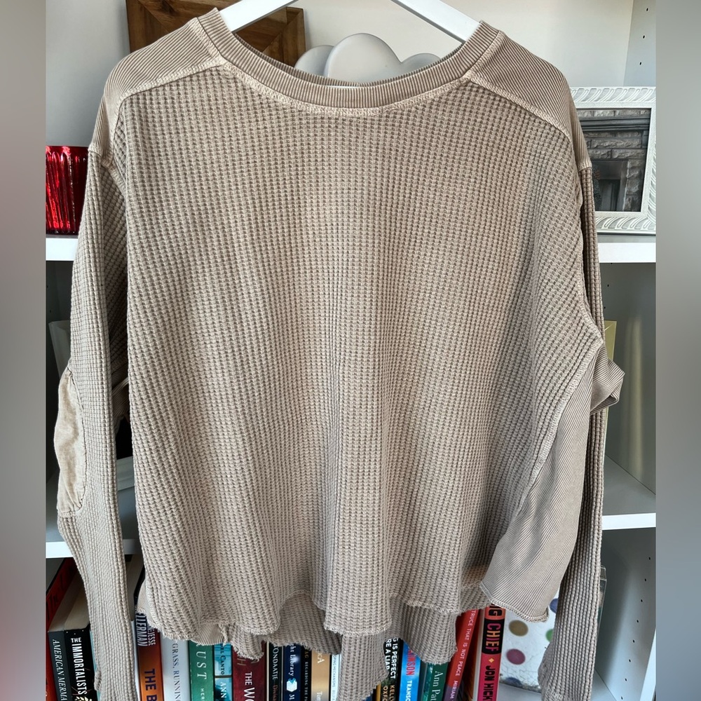 Free People Tan Long Sleeve Waffle Knit Tee Large